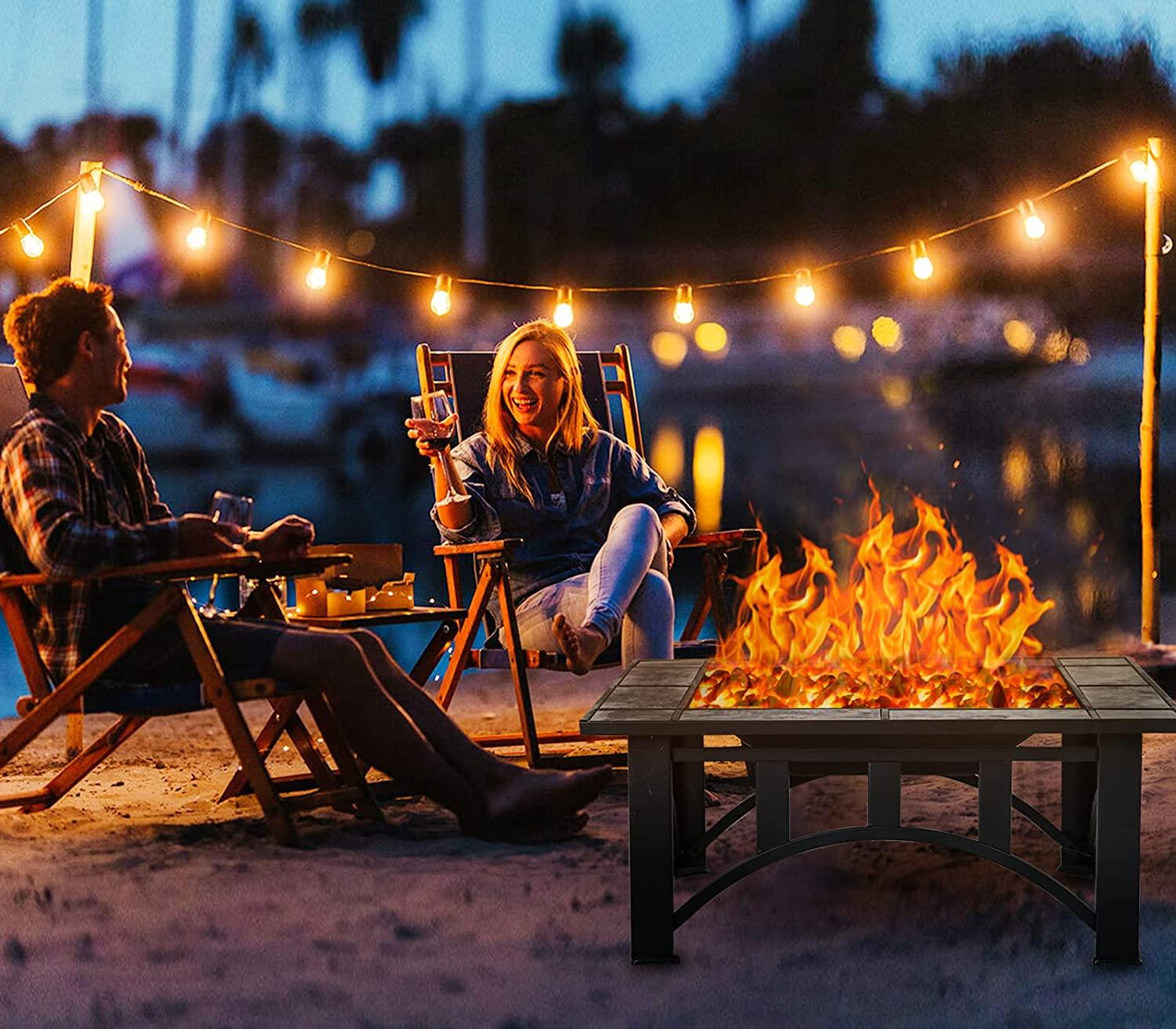 Patio Fire Pits for Outside 35'' Wood Burning Square Marble Tile Tabletop Fire Tables