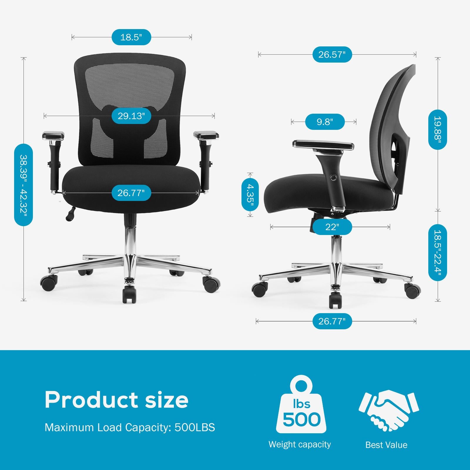 Big and Tall Office Desk Chair with Lumbar Support, 500LBS Heavy Duty Mesh Ergonomic Computer Chair with Arm and Wide Comfy Seat