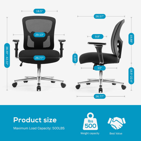 Big and Tall Office Desk Chair with Lumbar Support, 500LBS Heavy Duty Mesh Ergonomic Computer Chair with Arm and Wide Comfy Seat