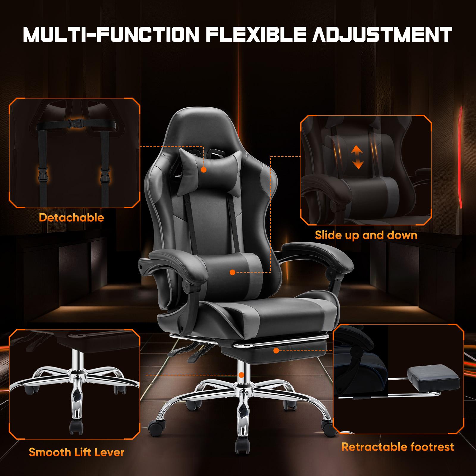 Video Game Desk Chair - Ergonomic Computer with Footrest and Comfy Lumbar Support, PU Leather Recliner with Headrest, Fixed Up Armrest,