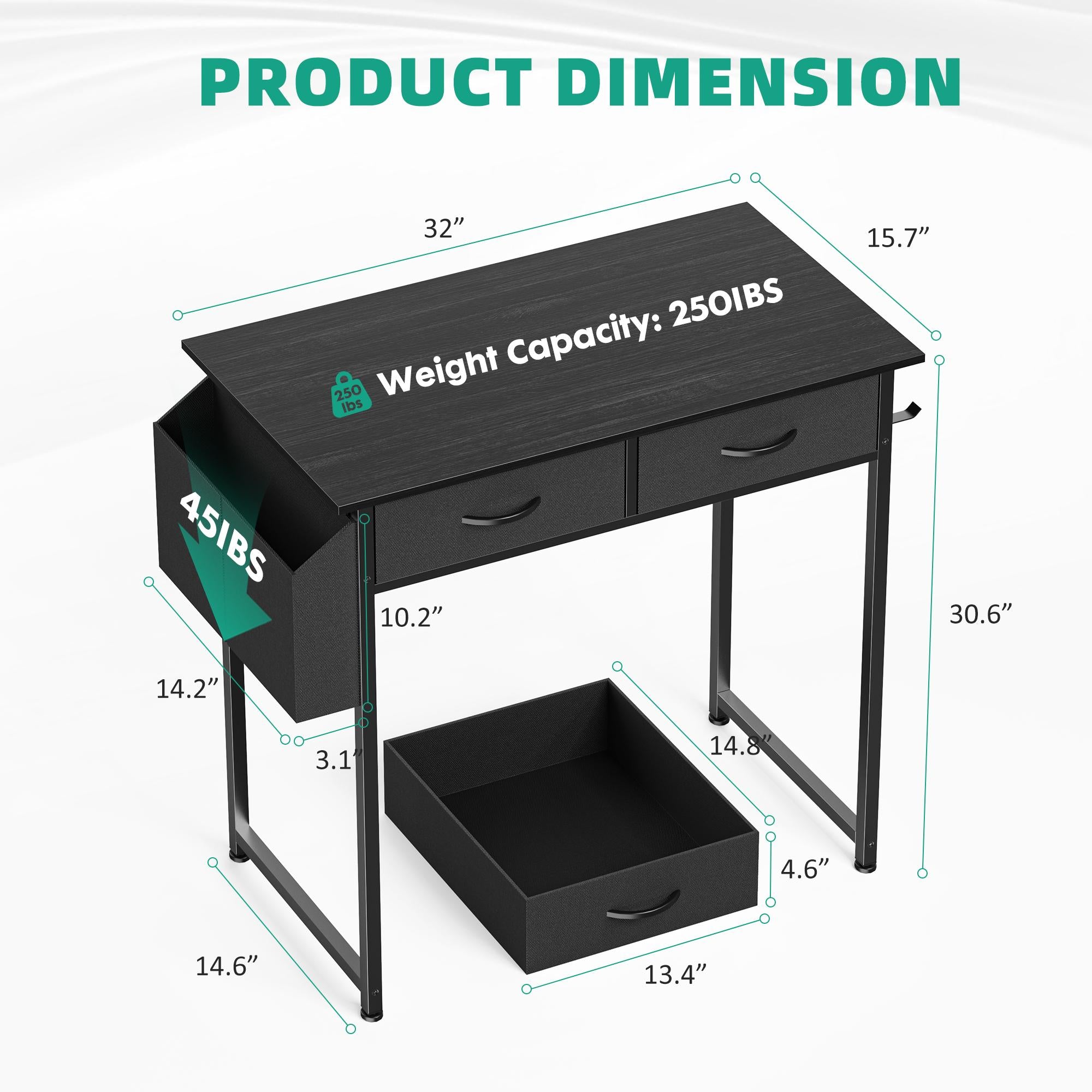 Computer Desk Small Home Office Bedroom Writing Study PC Table with Storage Space Fabric Side Bag Headphone Hook Metal Frame Adjustable