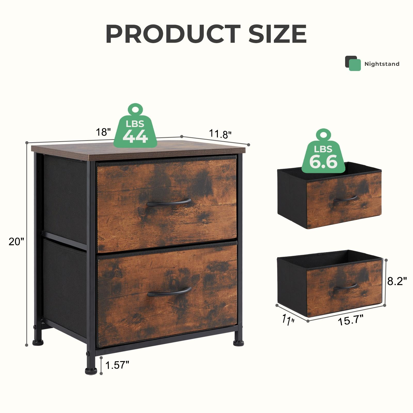 Fabric Dresser with 2 Drawers, Nightstands with Adjustable Feet, End Table for Bedroo, Set of 2