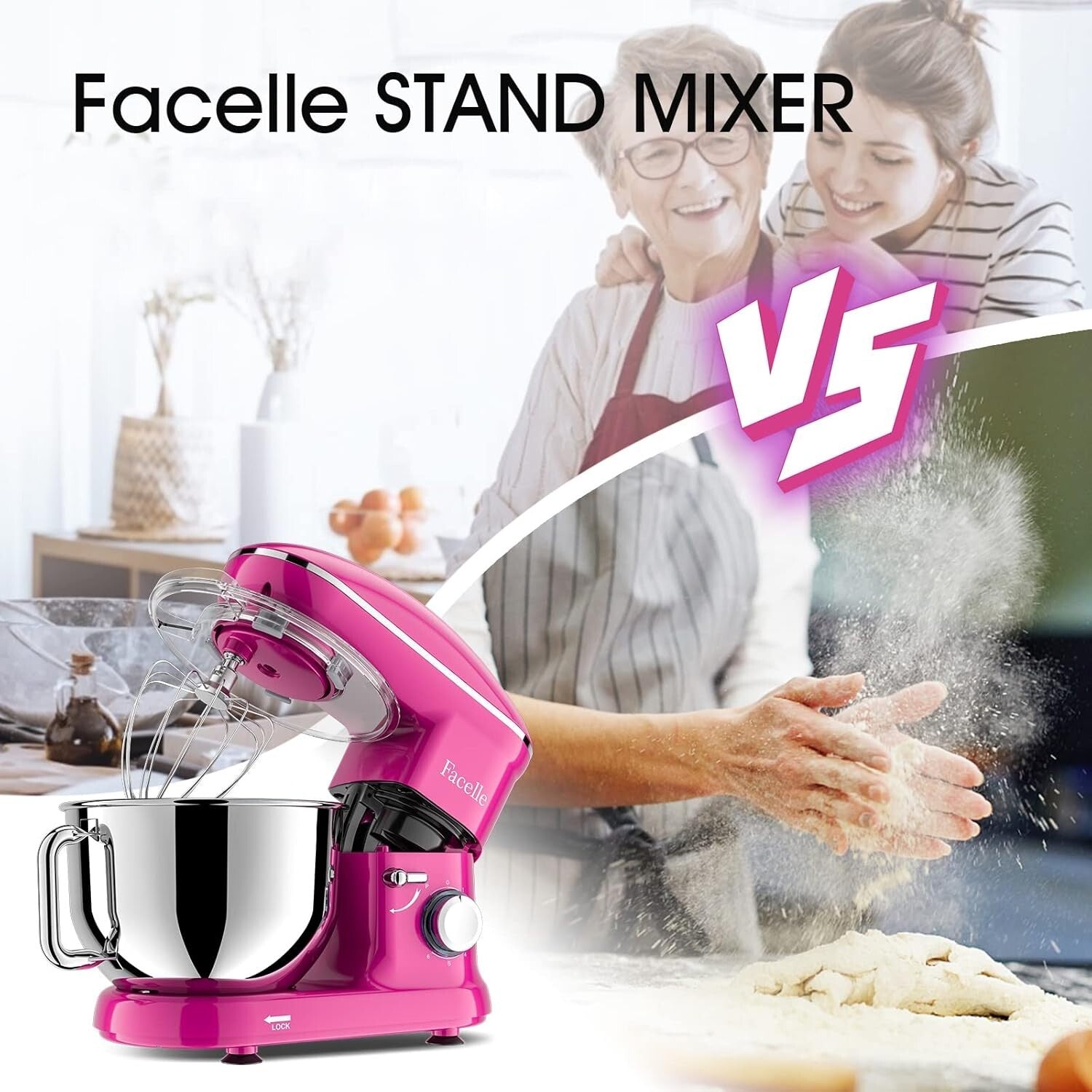 Facelle Stand Mixer, Electric Kitchen Mixer, 660W 6 Speed Tilt-Head stand mixer