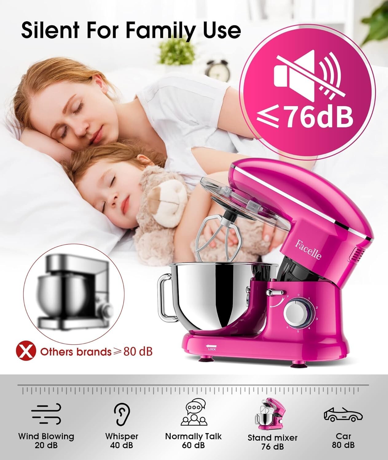 Facelle Stand Mixer, Electric Kitchen Mixer, 660W 6 Speed Tilt-Head stand mixer