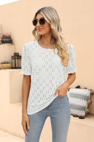 Openwork Round Neck Flounce Sleeve T-Shirt