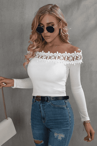 Off-Shoulder Lace Trim Ribbed Tee