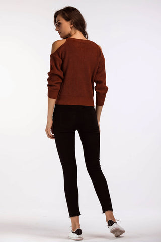 Double Take Round Neck Cold-Shoulder Ribbed Sweater