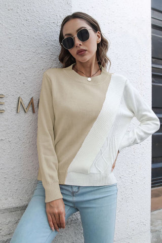 Contrast Color Round Neck Long Sleeve Sweater