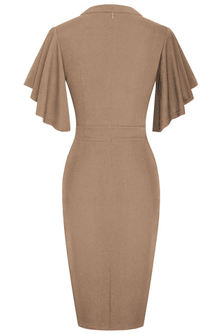 Notched Neck Flutter Sleeve Pencil Dress