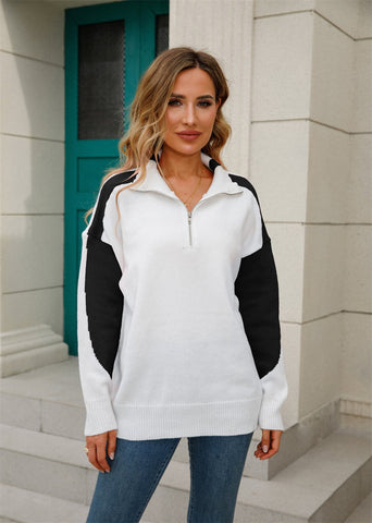 Two-Tone Collared Neck Dropped Shoulder Knit Top
