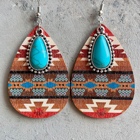 Turquoise Teardrop Shape Wooden Dangle Earrings