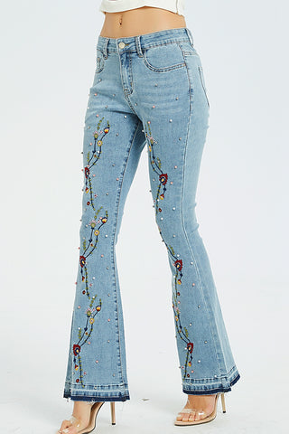 Full Size Flower Embroidery Wide Leg Jeans