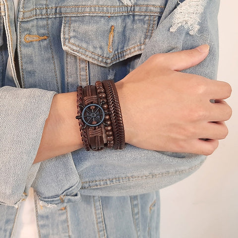 Retro Rotating Fish Bone Bead Bracelet Original Tribal Jewelry for Men Surfer Cuff Braslet Length Adjustable Bangle